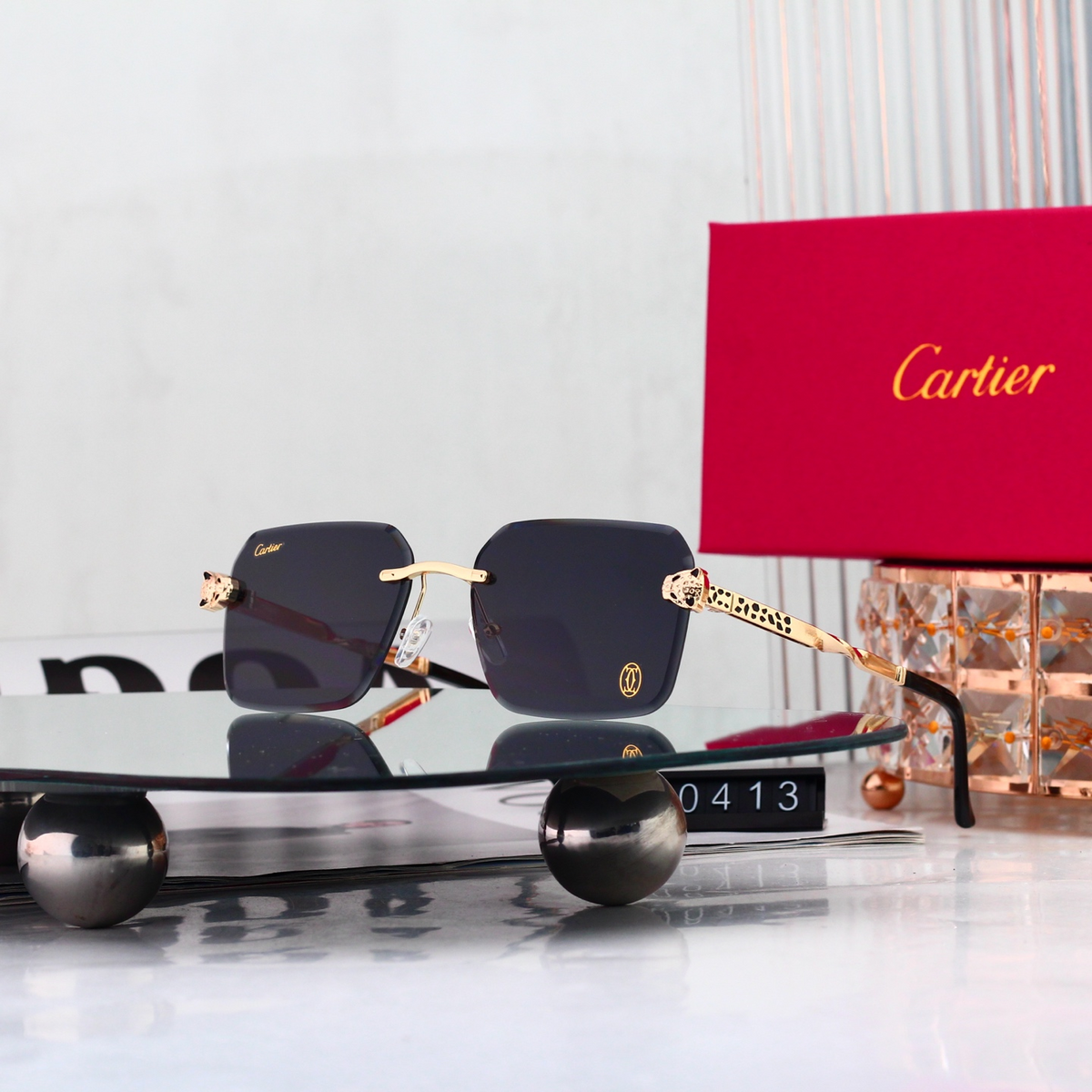 Leopard Print Temple Rimless Square Sunglasses