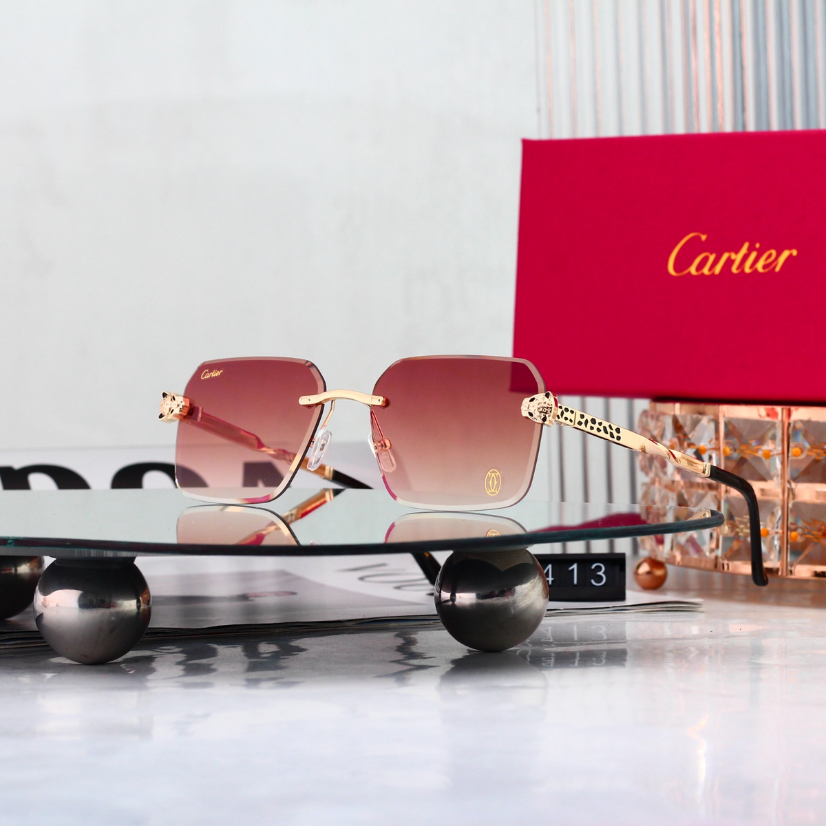 Leopard Print Temple Rimless Square Sunglasses