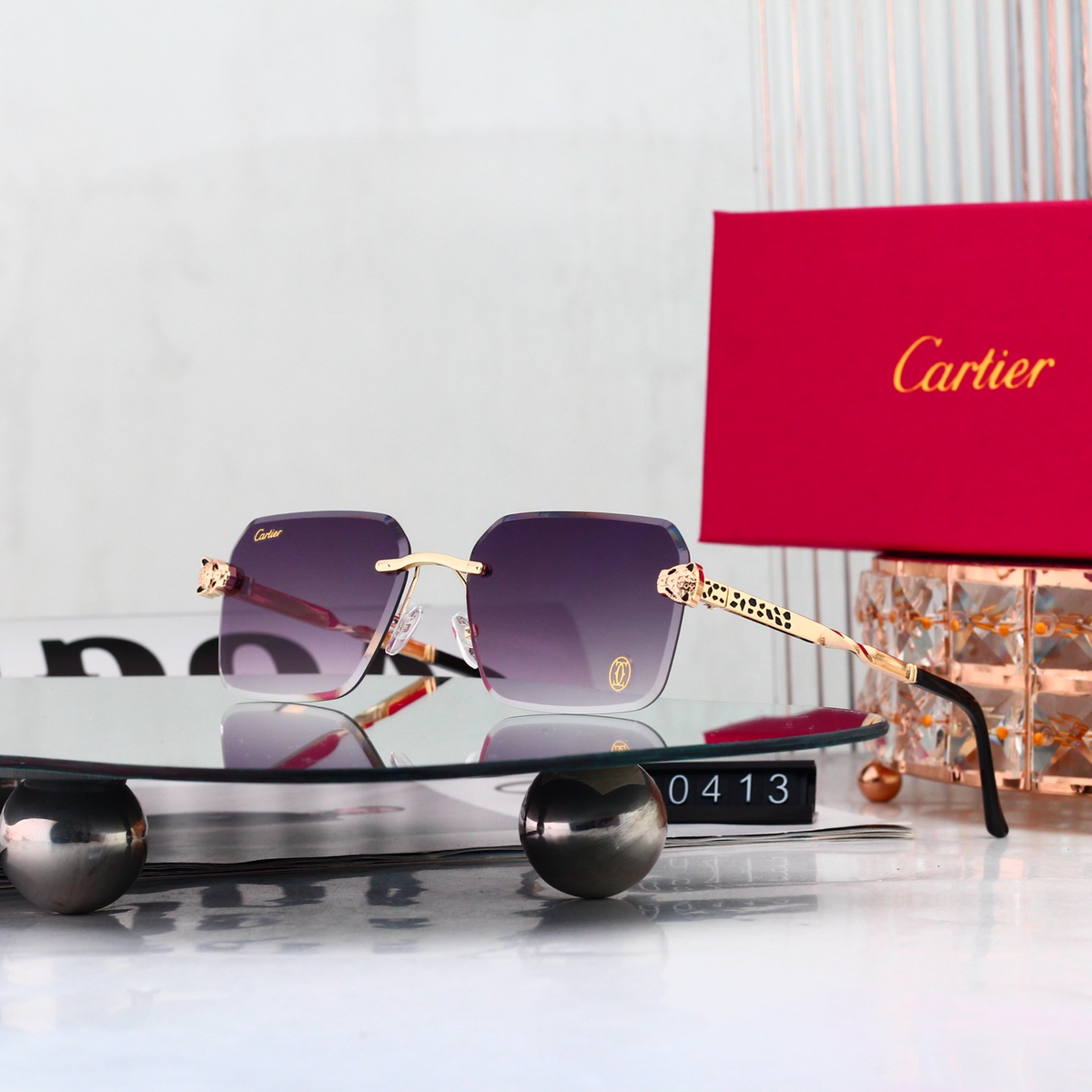 Leopard Print Temple Rimless Square Sunglasses