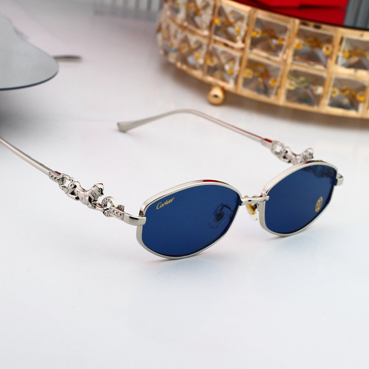 Vintage Oval Metal Sunglasses with Panther Accent