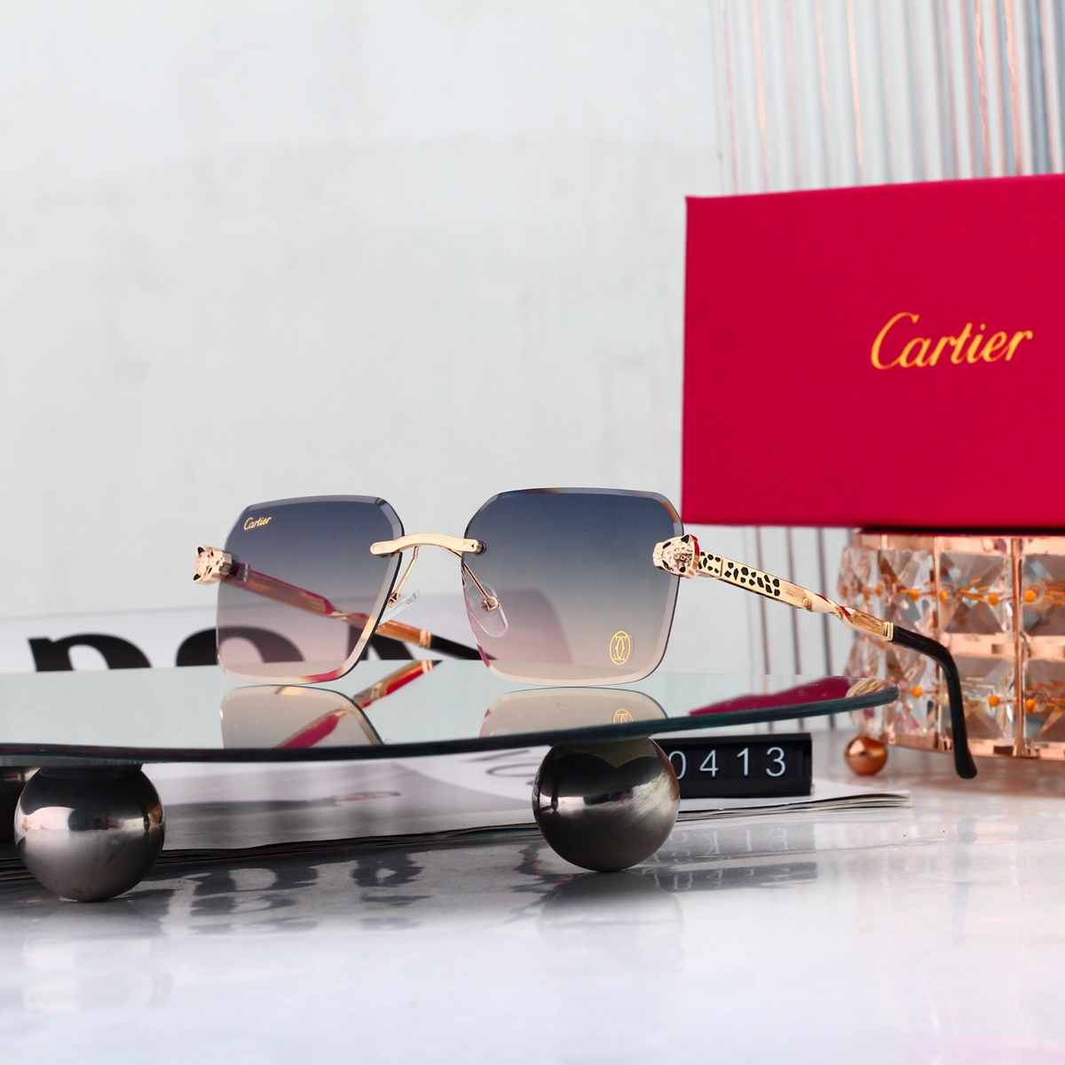Leopard Print Temple Rimless Square Sunglasses