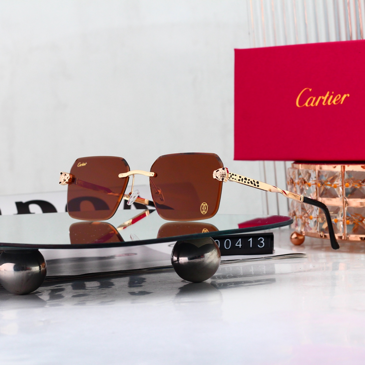 Leopard Print Temple Rimless Square Sunglasses